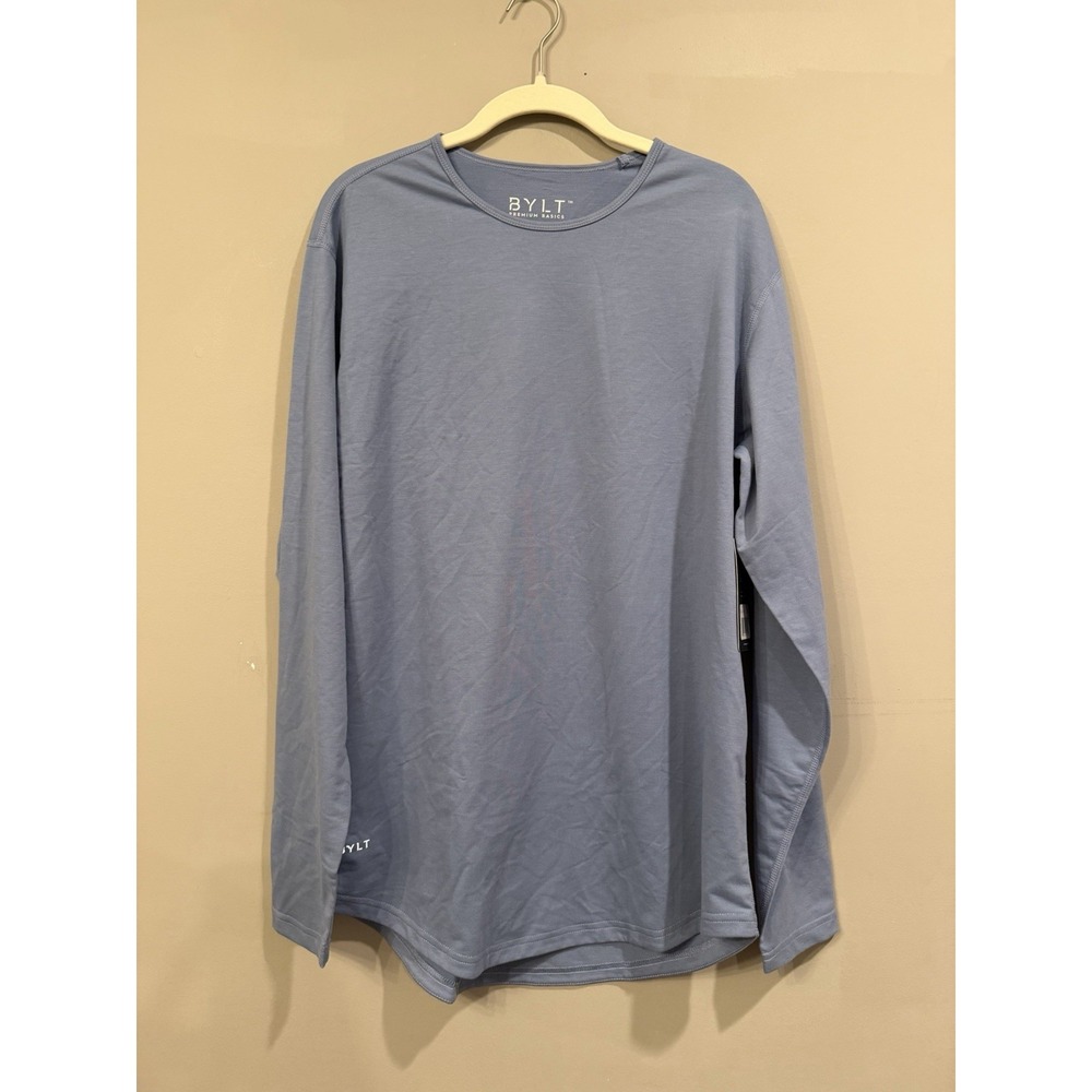 BYLT Shirt Men Large Blue Ribbed Long Sleeve Drop Cut Premium Basic Stretch